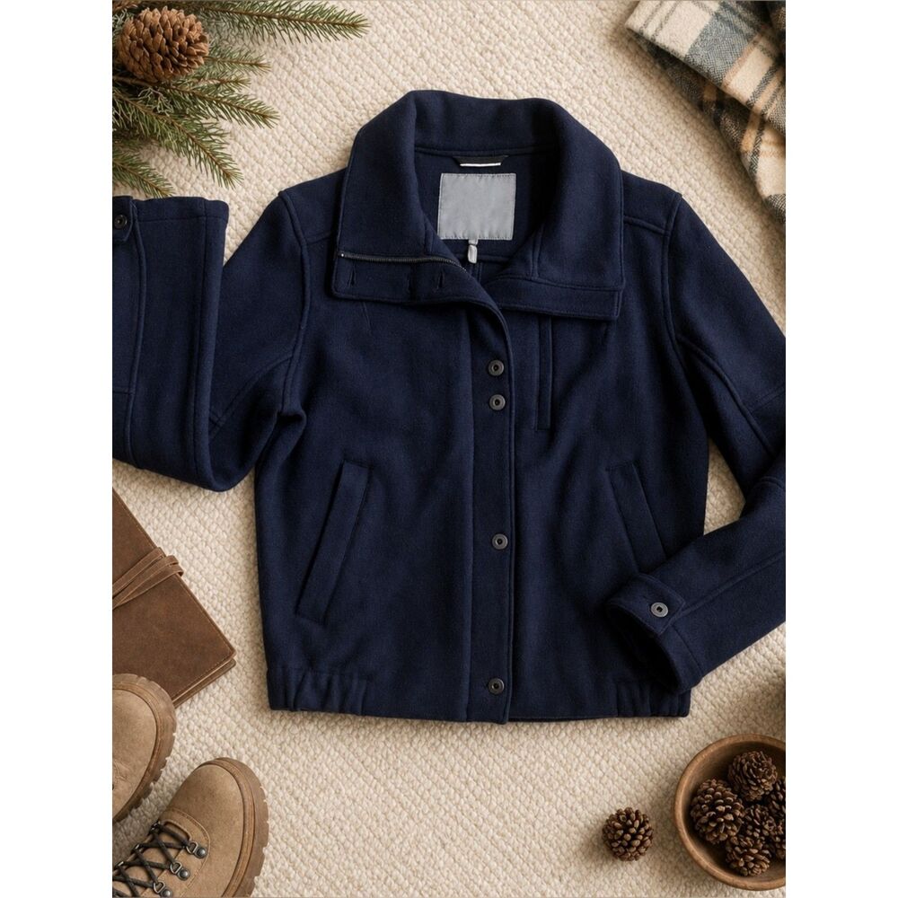 AETHER Women's Navy Wool Blend Utility Jacket Button and Zip Front Size S